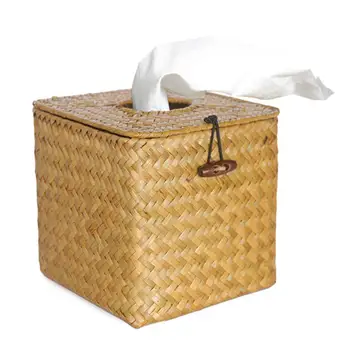 

Square Seaweed Woven Tissue Box Handmade Roll Paper Storage Box Home Meal Paper Roll Storage Box For Home Restaurant