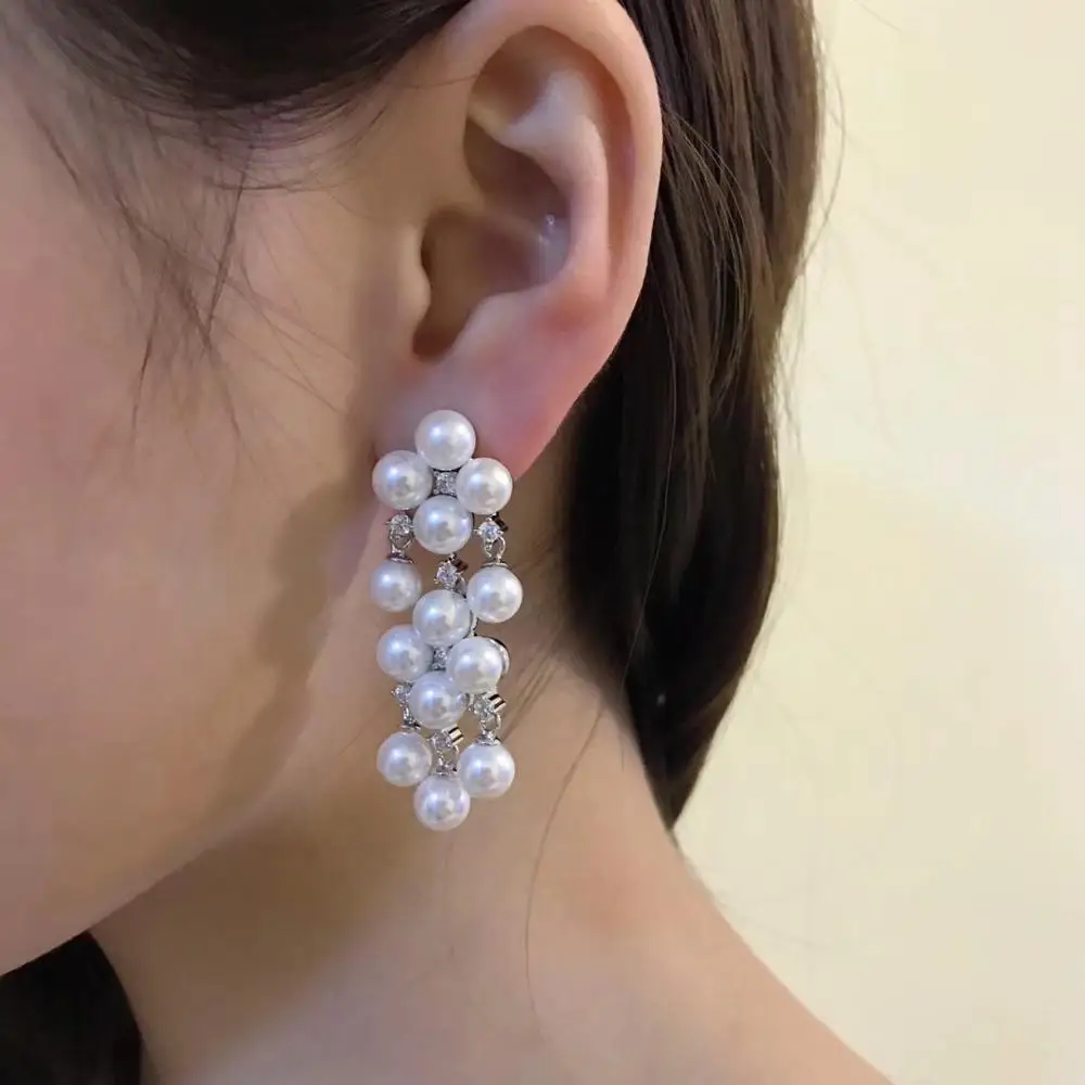 

S925 pure silver needle long temperament full of exaggerated pearl fashion earrings for married women