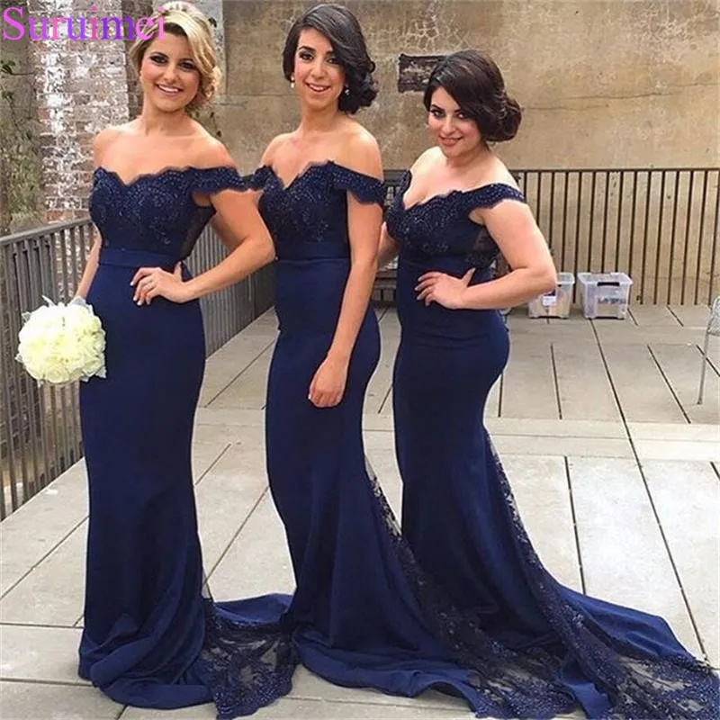 

Hot New Arrival Navy Blue Mermaid Bridesmaid Dresses 2018 With Appliques Lace Off the Shoulder Cap Sleeves Brides Maid Dress