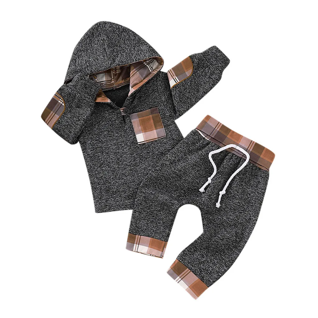 Теплый зимний комплект одежды для маленьких детей, хлопковый клетчатый свитер с капюшоном и карманами и длинными рукавами для маленьких мальчиков и девочек+ штаны, комплект из двух предметов