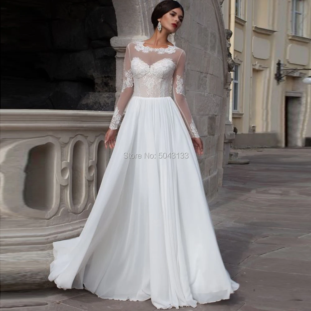 

A Line Long Sleeves Wedding Dresses with Lace Appliques 2019 Ivory Chiffon Skirt Robe De Mariee Floor Length Corset Back F43