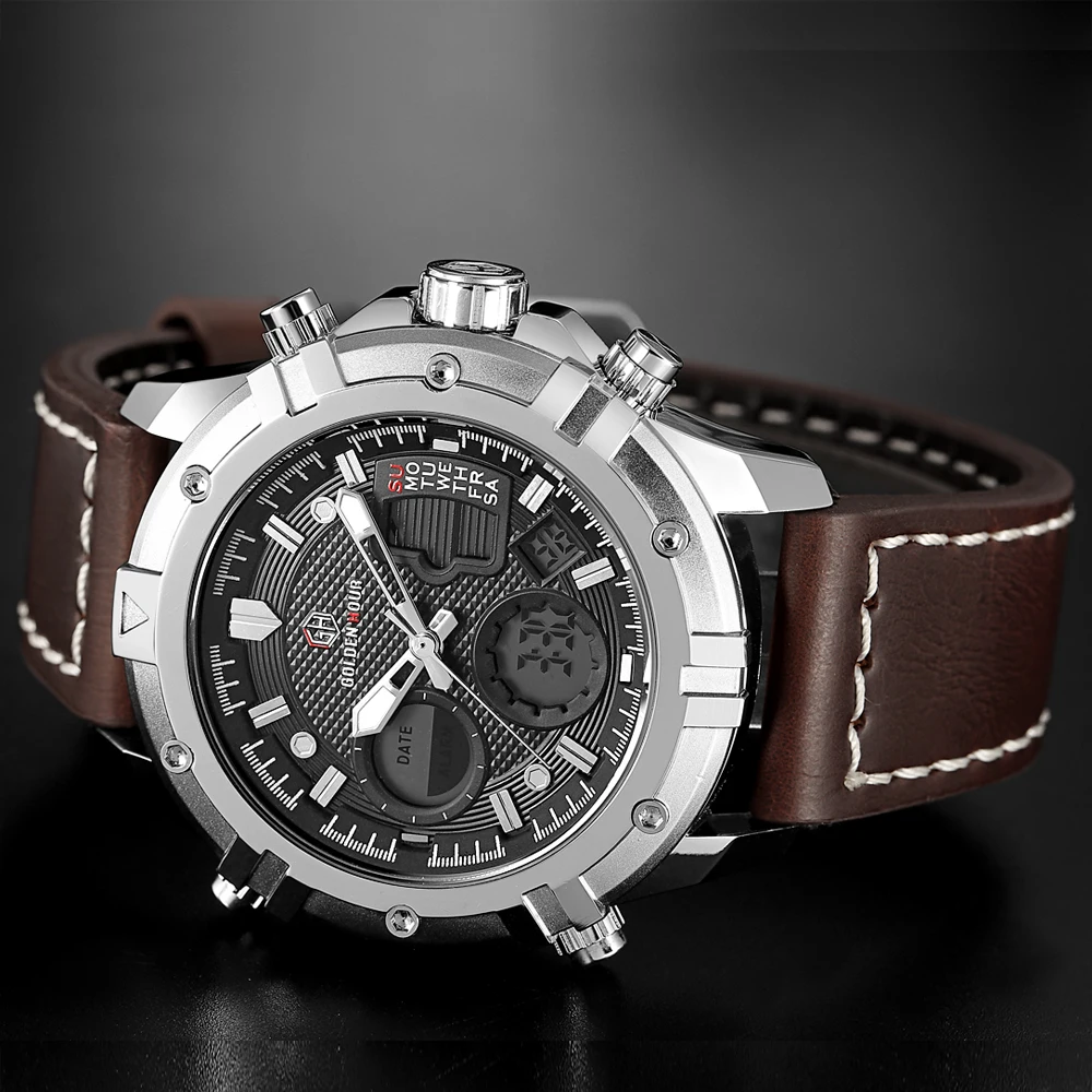 GOLDENHOUR для мужчин s часы лучший бренд класса люкс кварцевые аналоговые цифровые часы для мужчин кожа Военная Униформа спортивные наручные часы