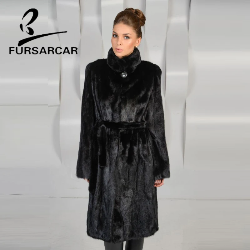 

FURSARCAR Fashion Real Mink Fur Coat Woman England Style Winter Warm Long Mink Fur Coats With Stand Collar Black Mink Fur Coat