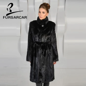 

FURSARCAR Fashion Real Mink Fur Coat Woman England Style Winter Warm Long Mink Fur Coats With Stand Collar Black Mink Fur Coat