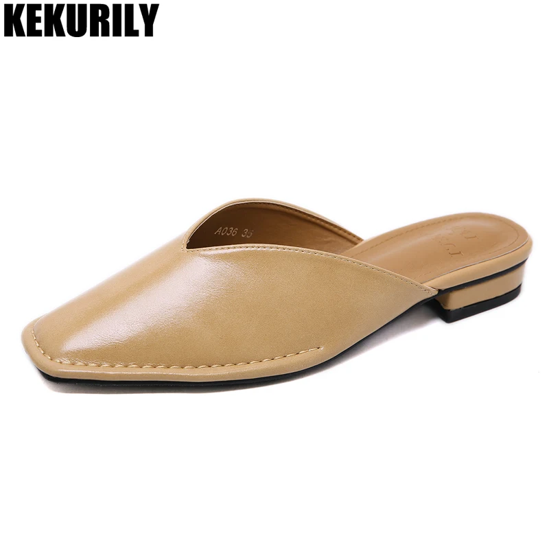 

Woman Mules chunky heels Slippers Genuine leather square toe sandals shallow heel shoe slip on slide zapatos mujer black apricot