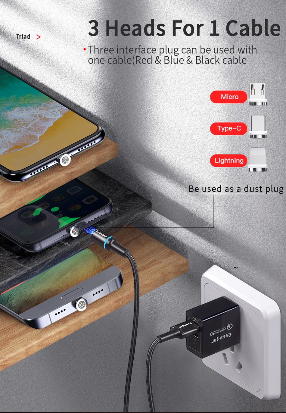 Магнитный Micro USB кабель Essager 3A type-C 3 м для samsung iPhone, Магнитный зарядный кабель USB C, провод, кабели для мобильных телефонов