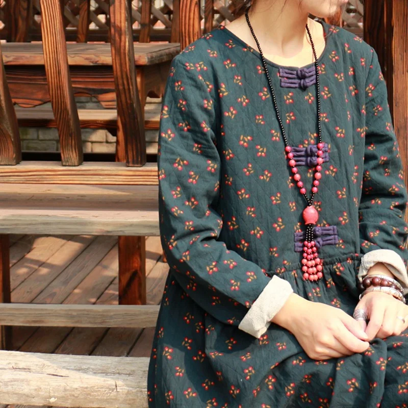 

Johnature 2019 Spring Women Print Dresses New Vintage Loose Waist O-Neck Long Sleeve Patchwork Buckle Cotton Long Dresses