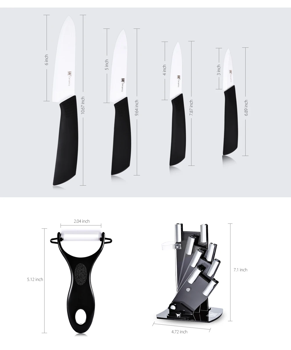 xyj 6 in 1 Kitchen Fruit Vegetable Paring Kit Slip-proof Handle Ceramic Knives with Peeler Holder