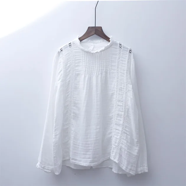  Palace hollow out patchwork ruffled collar long sleeve Cotton yarn white shirt blouse mori girl