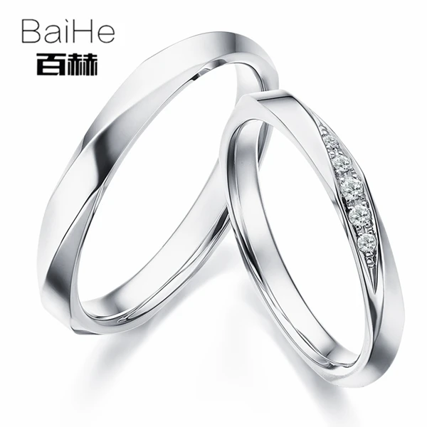 BAIHE одноцветное 18 К белого золота 0.08ct Certified H/SI круглый 100% из натуральной бриллиантами обручение для женщин тонкой обручальное кольцо