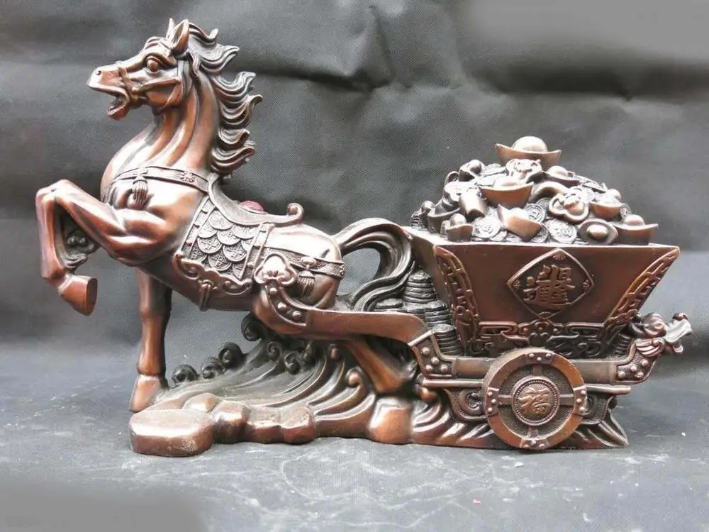 

16' Chinese red copper finely carved lucky money gharry horse Sculpture Statue