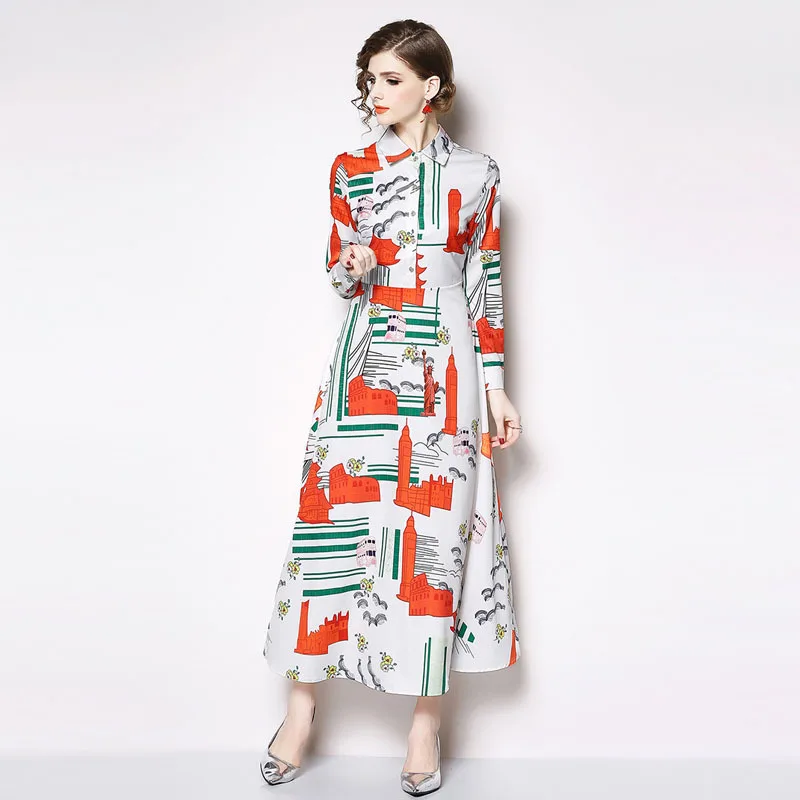 

2019 Spring Women American Vintage Statue Liberty Abstract Building Floral Print High Waist Shirt Maxi Dress Verano N9671