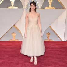 Felicity Jones платья знаменитостей для 89th Oscar A-Line Спагетти ремень Легкий кремовый цвет тюль кружева v-образным вырезом роскошное платье