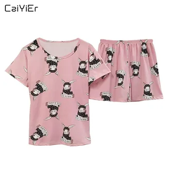 

Caiyier Rabbit Smile Print Pajama Sets Pink Short Sleeve Sleepwear Summer Ladies Leisure Clothes Thin Cartoon Nightwear