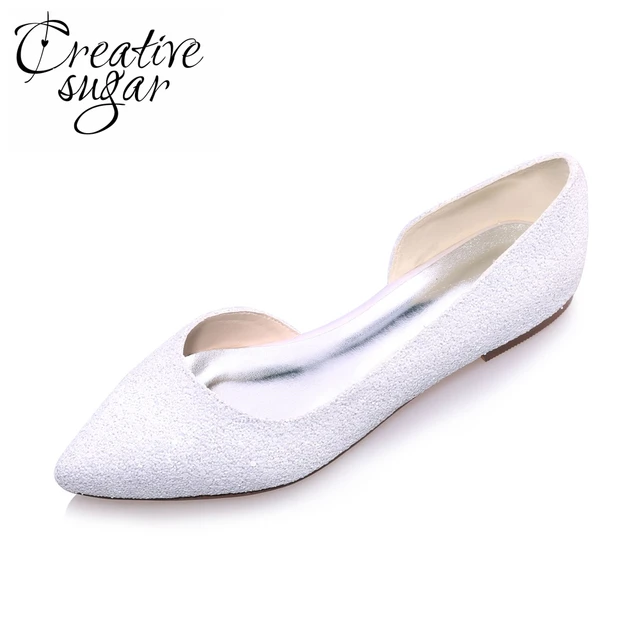 Creativesugar Elegant Glitter Pointed Toe White Ivory D Orsay Creativesugar Elegant Glitter Pointed Toe White Ivory D Orsay Flats Woman Casual Wedding Bridal