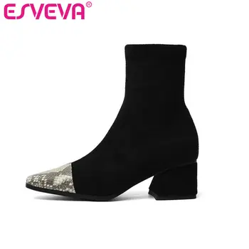 

ESVEVA 2020 Women Shoes Winter Ankle Boots Black Fashion Med Heel Flock Pointed Toe Motorcycle Platform Boots Size 34-41
