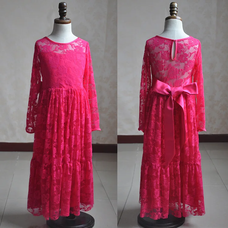 

2017 Hot Pink Children Girls Evening Dresses kids Elegant Long Lace Dress Straight Formal Gowns Princess 6pcs/lot for Wedding