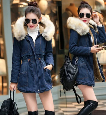 

Denim Warm Winter Coat Jacket Outerwear Woolen Fur Lining Women's Fox Fur Jackets Parka Overcoat Mujer Casaco H6802