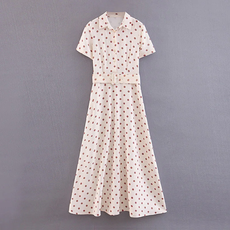 

QZ932 Spring Summer Ladies Elegant Design Dot Print Slim Waist Sashes Long Dress Retro Maxi Dresses