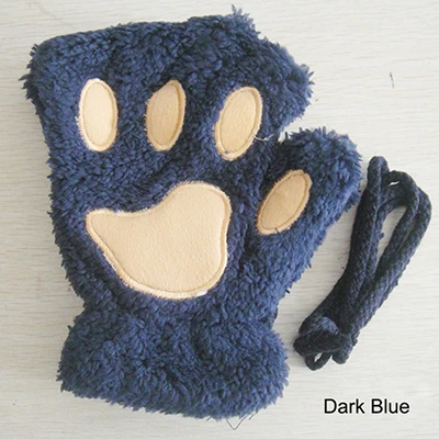 Женские зимние теплые перчатки с кошачьими лапами, перчатки без пальцев, пушистый медведь, кошка, плюшевые лапы для девочек, косплей перчатки, 1 пара - Цвет: Dark Blue