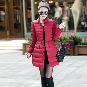 

Winter New Arrival Women Down&Parkas 2014 Fashion Long Stand Collar Skirt Dress Down Coat Bow Slim Jackets Europe Style CD0057