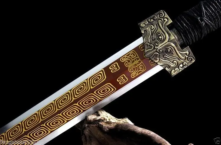 

Handmade Chinese 1060 High Carbon Steel Double Edge Sharp Kung Fu Sword Han Jian Ebony Saya Full Tang Can Be Cut Bamboo