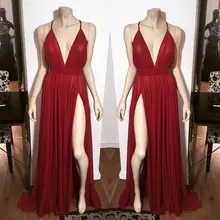 2017 Sexy Hot Abendkleid Abendkleid A-linie Burgund Abendkleid kleider V-ausschnitt Seitenschlitz Split Chiffon-Lange Abschlussball-partei-kleid kleid