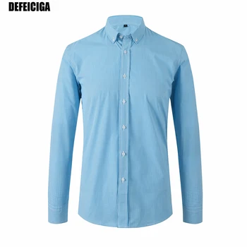 

2019 DEFEICIGA Hot Sale Small Plaid Blue Long Sleeve Cotton Mens Dress ShirtsTwill Solid Business Man Shirt 029