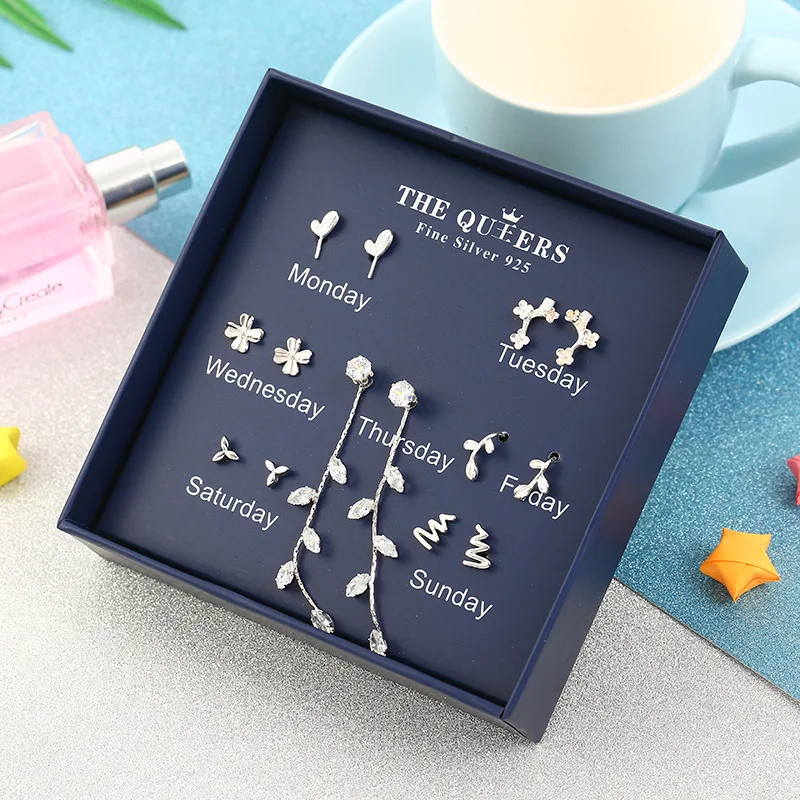 

One Week Earrings Set Animals Leaves Feather 925 Sterling Silver Stud Earrings For Women Mini Brincos Valentine's Day Gift Hot!