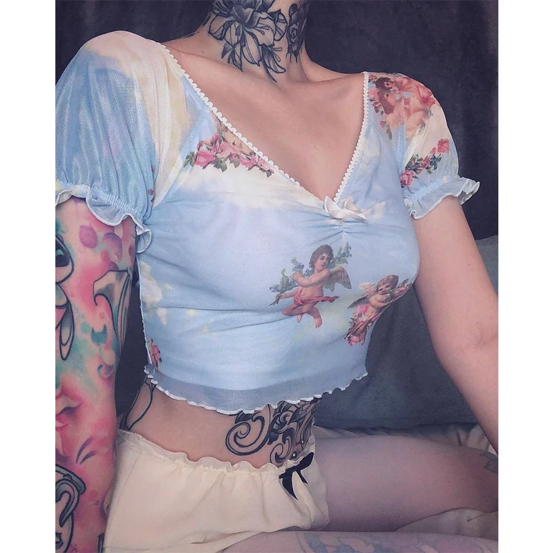 

Women Short Sleeve See Through Sheer Mesh Angel Print Top T-Shirt Top Ladies Printed Sexy V-neck Trendy Top Tees Shirts Female