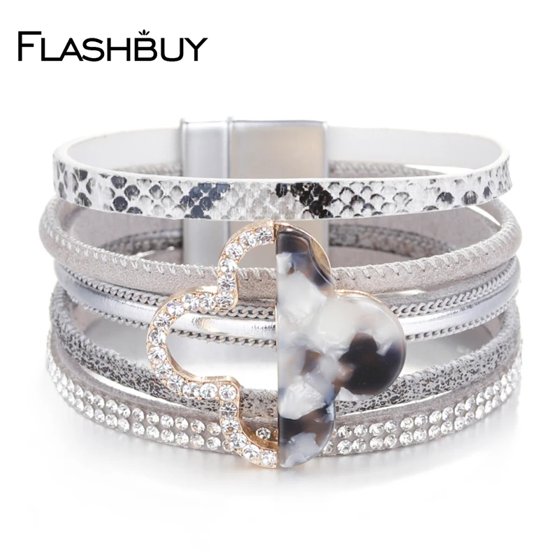 

Flashbuy Genuine Leather Rhinestones Bracelet For Women Men Multiple Layers Charm Trendy Wrap Bracelet Classic Neutral Jewelry