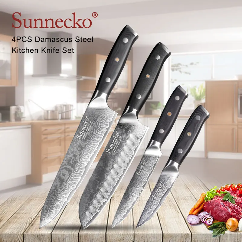 

SUNNECKO 4PCS Kitchen Knives Set Santoku Utility Chef Knife Japanese Damascus VG10 Steel Sharp G10 Sanding Handle Fruit Paring