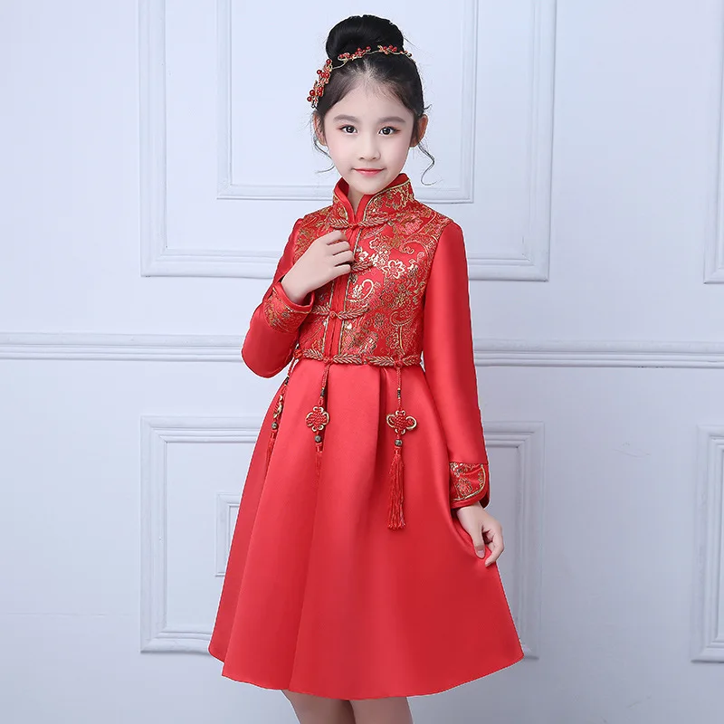 

Satin Cheongsam Red Children Autumn Winter Qipao Long Sleeve Add Warm Chinese Dress Kids Girls Princess Party Dresses Robe Rouge
