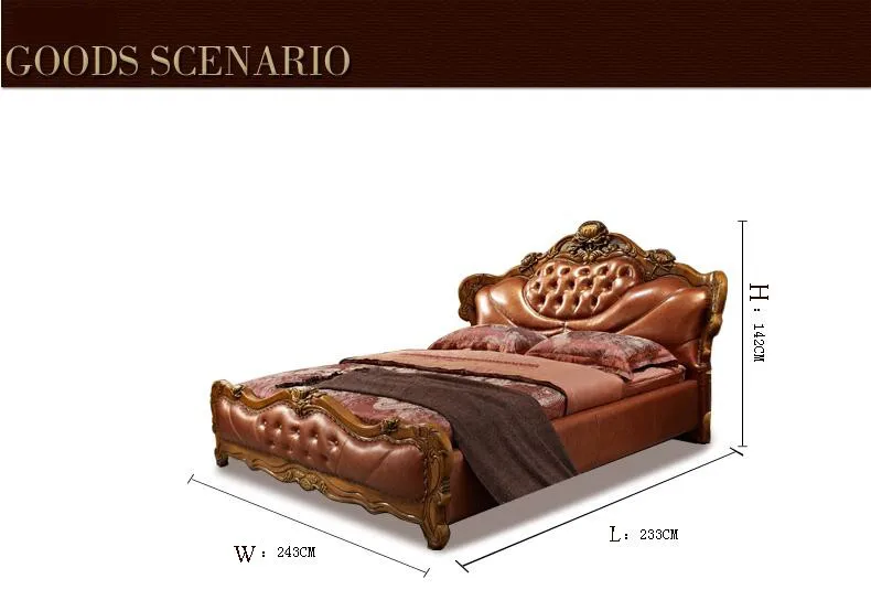 Современная Европейская твердая деревянная кровать Мода Резные натуральная кожа французская мебель для спальни 10313