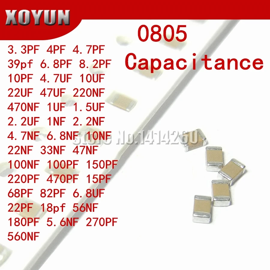 

100pcs 3.3PF-47UF 0805 SMD 100V X7R 10% 100nf 0.1uf 104K 104 22UF 4.7UF 10UF 10NF 1UF Ceramic Capacitor 155k 226K 475 106 103