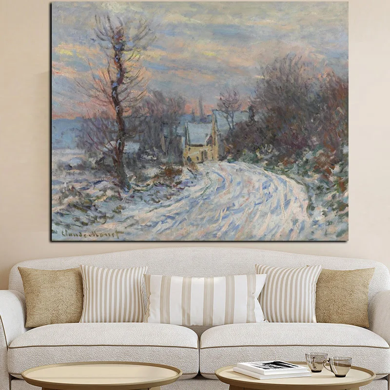 HD Print Canvas Wall Art Impressionis Claude Monet Giverny in Winter Snow Landscape Oil Painting Poster Picture for Living Room (2)