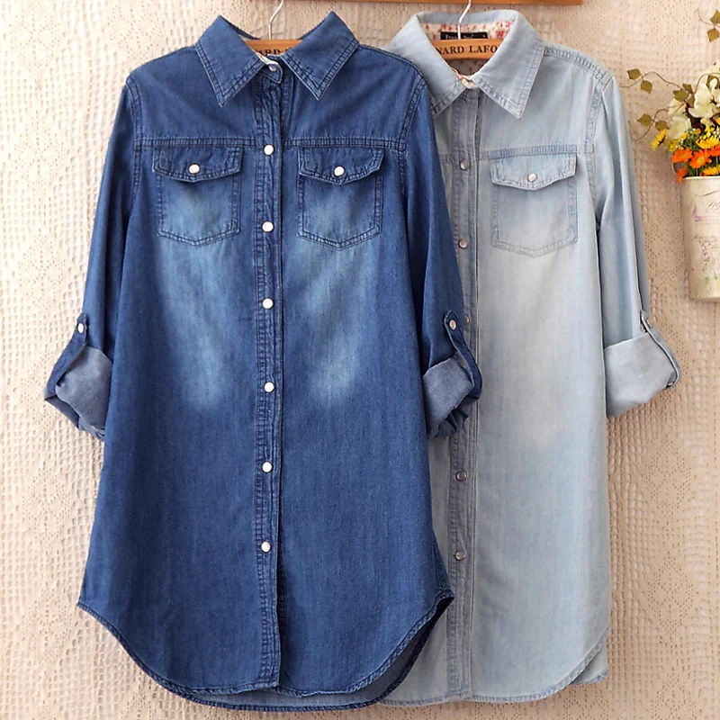 

Korean 100% Cotton Denim Shirts Women Spring Autumn Plus Size Long Sleeve Slim Blusas Female Students Basic Casual Coat Outwear