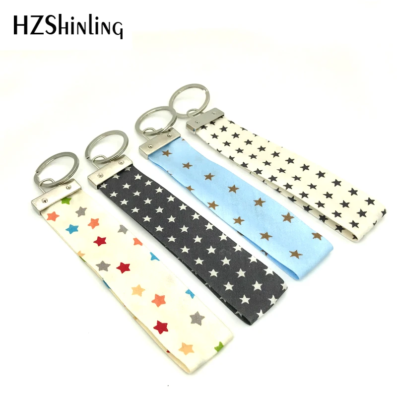 

Ribbon 2018 New Black White Stars Keyring Blue White Fabric Key Fob Fashion Keychain Pet Dogs Key Holder Wristband bag hanger