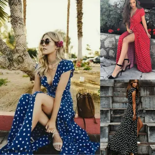 Женское летнее платье макси в горошек Boho повседневное пляжное с коротким рукавом