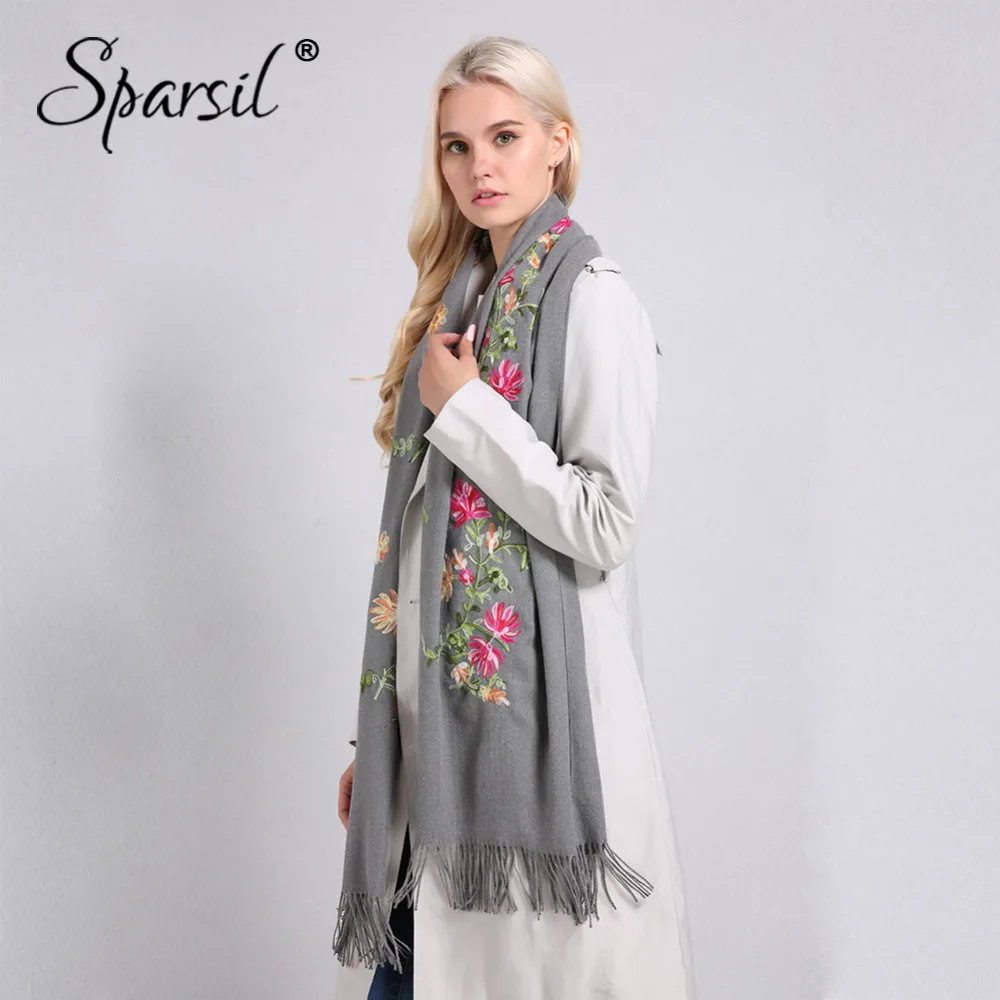 

Sparsil Women Embroidery Cashmere Scarf Winter Tassel Floral Pashmina Hijab Flowers Thick Scarves Long Warm Shawls Size 200*70cm