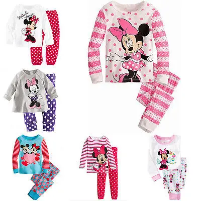 

2017 Minnie Cartoon Mouse Baby Toddlers Kids Girls Polka Dots Stripe Nightwear Pajamas Set Sleepwear Homewear Clothing Suit 1-8Y