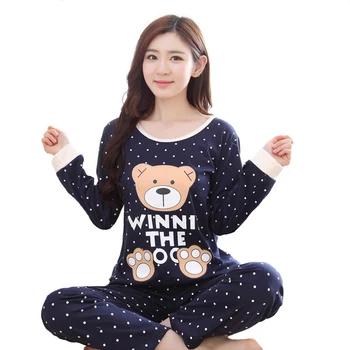 

Autumn NEW Cotton Long Sleeve Pajamas Pijamas Set Women Loose Sleepwear Lovely Cartoon 2PCS Shirt&Pants Home Wear Negligee