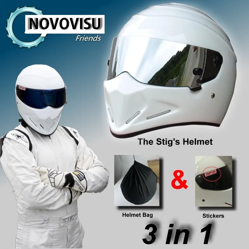 Для novovisu Стиг белый шлем Casco+ сумка+ наклейка "Simpson" 3in1/белый шлем с серебристый козырек/гоночный Стиль