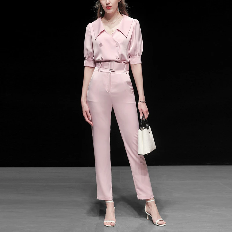 

Seifrmann Women Spring Summer Suits Runway Fashion Half Sleeve V-Neck shirt+Elegant Casual Sashes Pink Long Pants Two Pieces Set