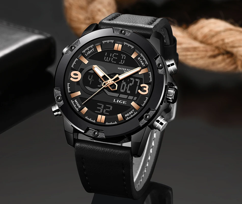LIGE новые мужские s часы Топ люксовый бренд мужские кожаные спортивные часы мужские светодиодный цифровые кварцевые часы водонепроницаемые