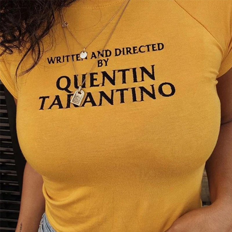 Umeko QUENTIN TARANTINO желтая футболка женская с коротким рукавом облегающая футболка женская с О-образным вырезом с буквенным принтом повседневные топы Femme