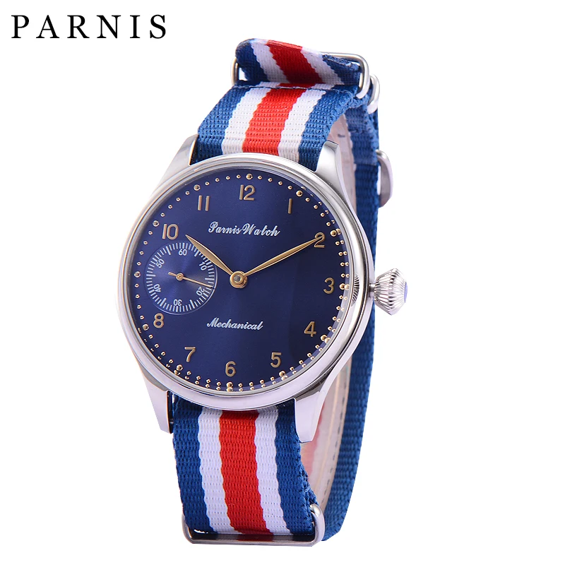 Fashion 44mm Parnis Watches Men Hand Winding Mechanical Dark Blue Dial Stainless Steel Case Men's Wrist Watch Nylon Watchband Fashion 44mm Parnis Watches Men Hand Winding Mechanical Dark Blue Dial Stainless Steel Case Men's Wrist Watch Nylon Watchband