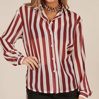 

Sexy Fashion Red and White Striped Print Long Sleeve Chiffon Blouse Lapel Bracelet Shirt Office Lady Womens Tops And Blouses