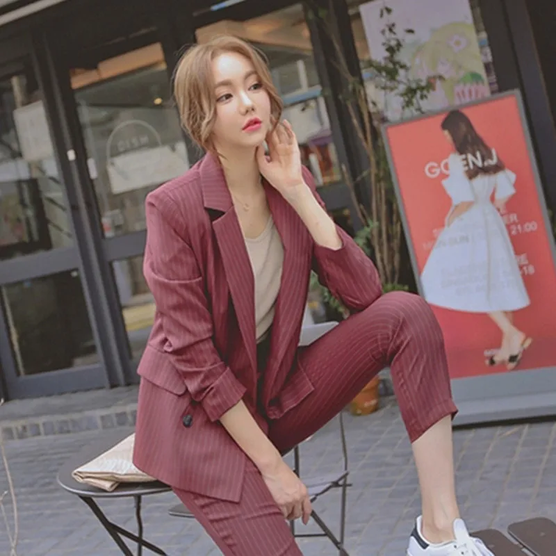 

2019 Women New Korean Women's Suits Striped Black White Gray Blazer with Nine Pants Female Double-breasted Office Two Piece Suit