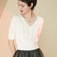 BARESKIY2019 new spring half sleeve solid color women's knit casual short-sleeved shirt V-neck slim stretch women's sweater
